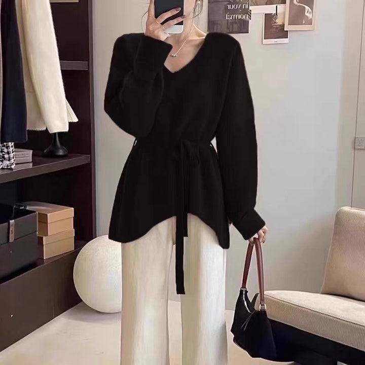 Damen Strickjacke mit elegantem V-Ausschnitt und Taillengürtel Drune