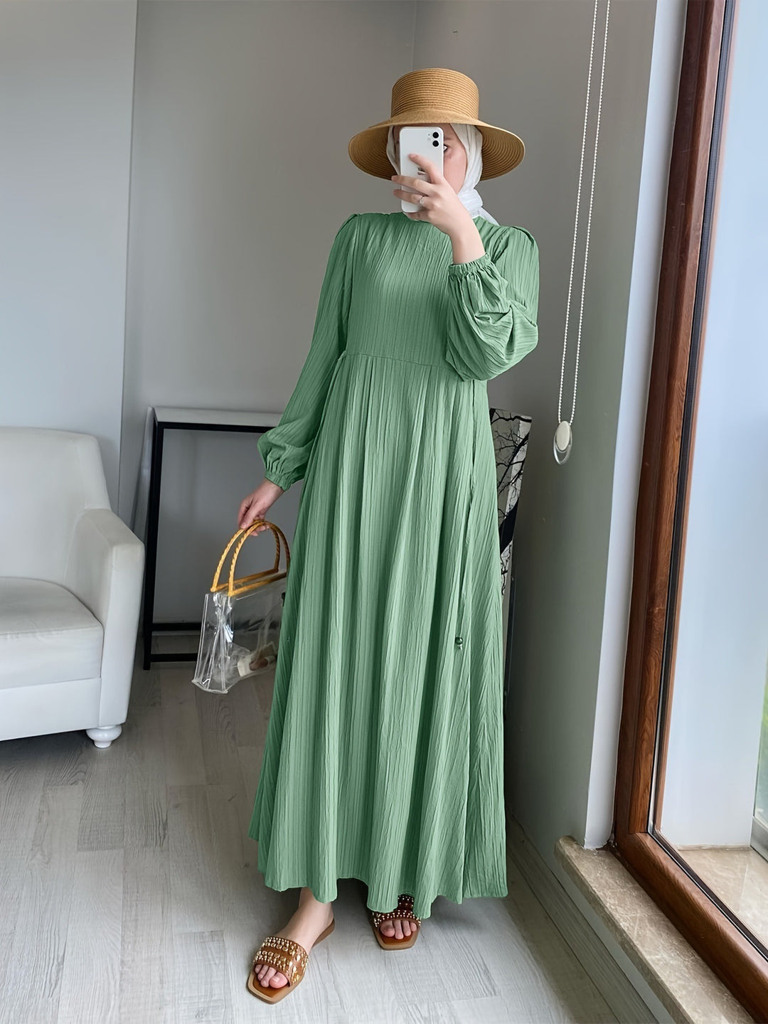 Damen Maxikleid mit elegantem Falten-Design und langen Puffärmeln Drune