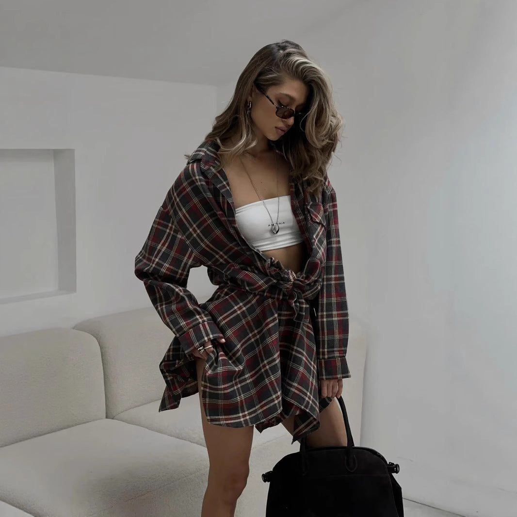 Damen lässiges Karo-Hemdkleid aus weichem Material Drune