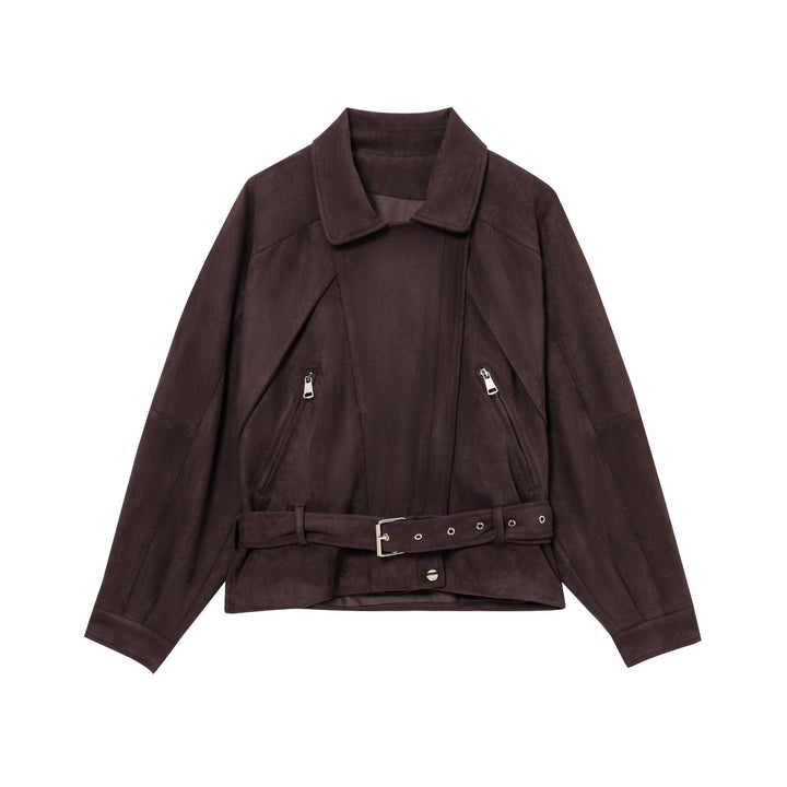 Damen elegante Wildlederjacke mit funktionalen Reißverschlüssen und Taillengürtel Drune
