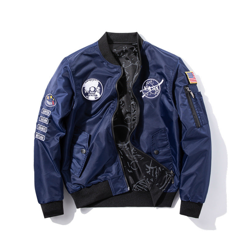 Herren  bestickte Raum-Patch glänzende Shell Bomberjacke mit bedrucktem Innenfutter und Ärmel-Reißverschluss-Nutztasche Drune