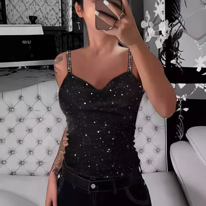 Damen Elegante Spaghetti-Träger Top mit Glitzer-Details Drune