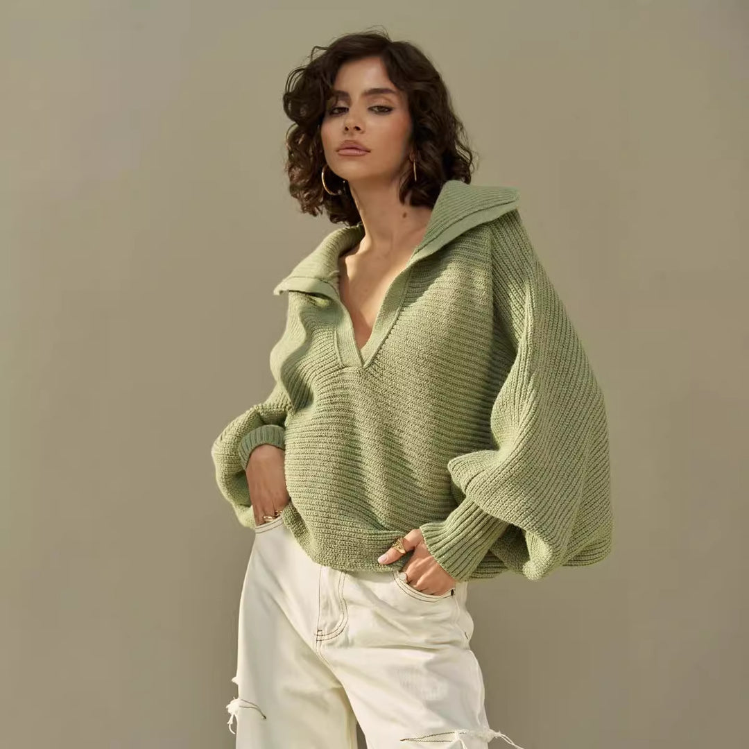 Damen lässiger Strickpullover mit oversized Kragen Drune