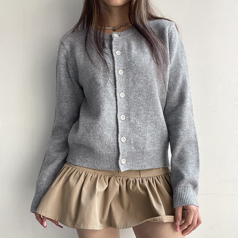Damen Flauschiger Strickcardigan mit Knopfverschluss und Rundhalsausschnitt Drune