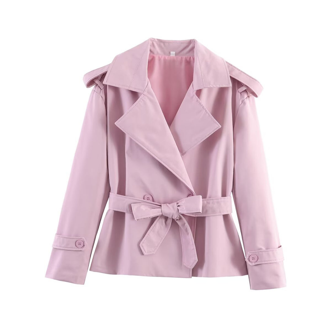 Damen nan kurze Trenchcoat Jacke mit Taillengürtel breitem Revers und dekorativen Schulterklappen Drune