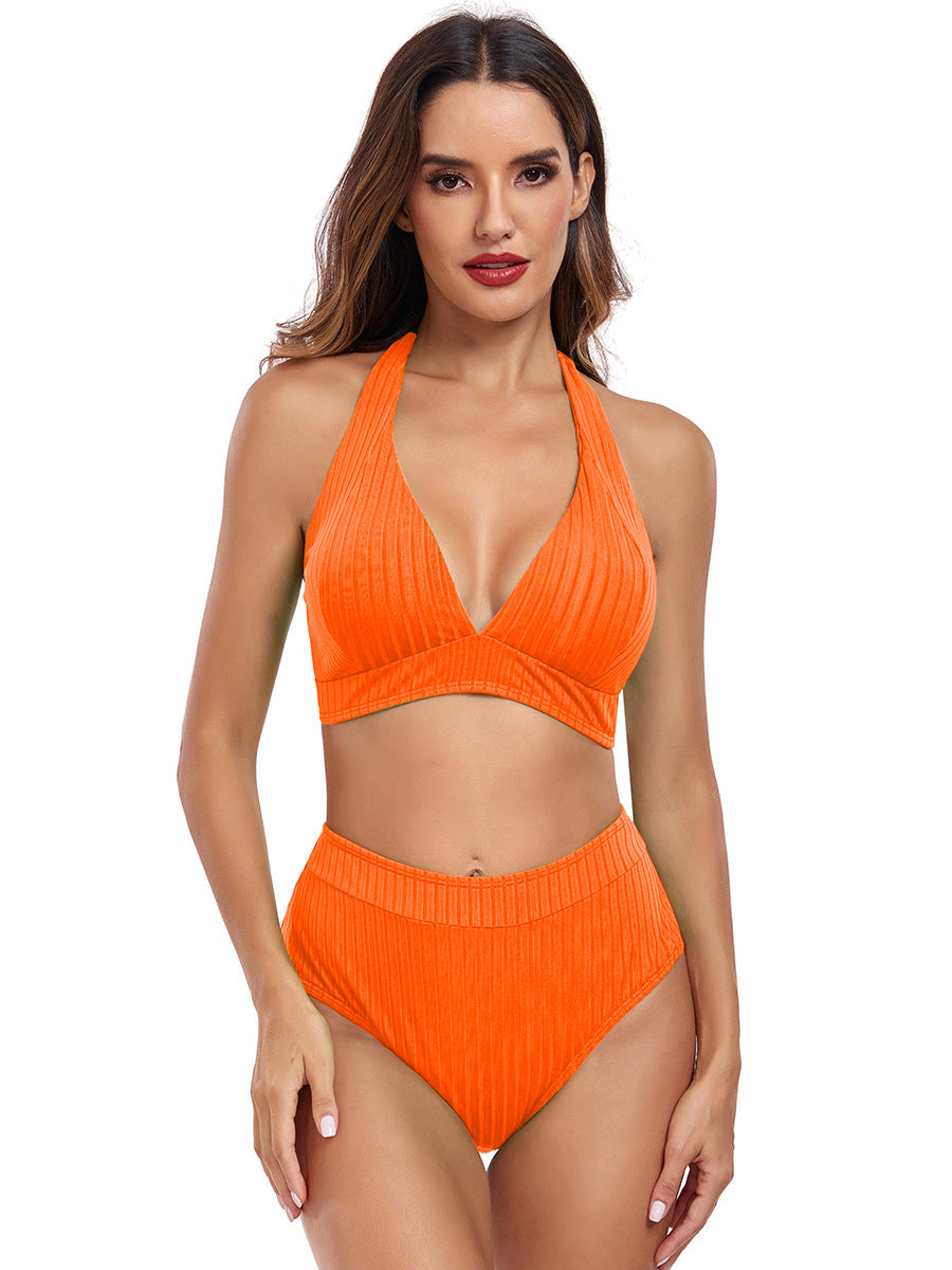 Damen Hochtaillierter Bikini mit V-Ausschnitt und Rippstruktur Drune