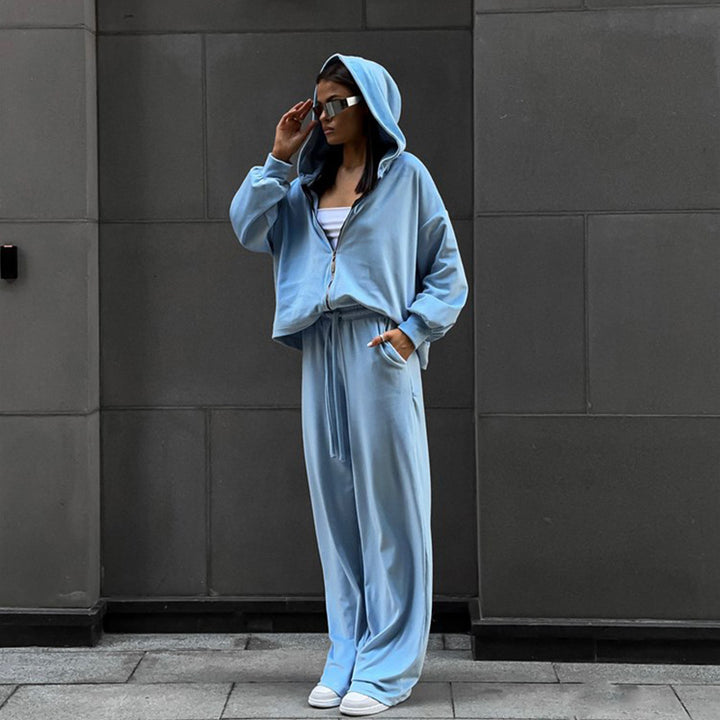 Damen nan luxuriöses Velours-Zweiteiler Set mit kurzem Reißverschluss-Hoodie und weiten Highwaist-Loungehosen Drune