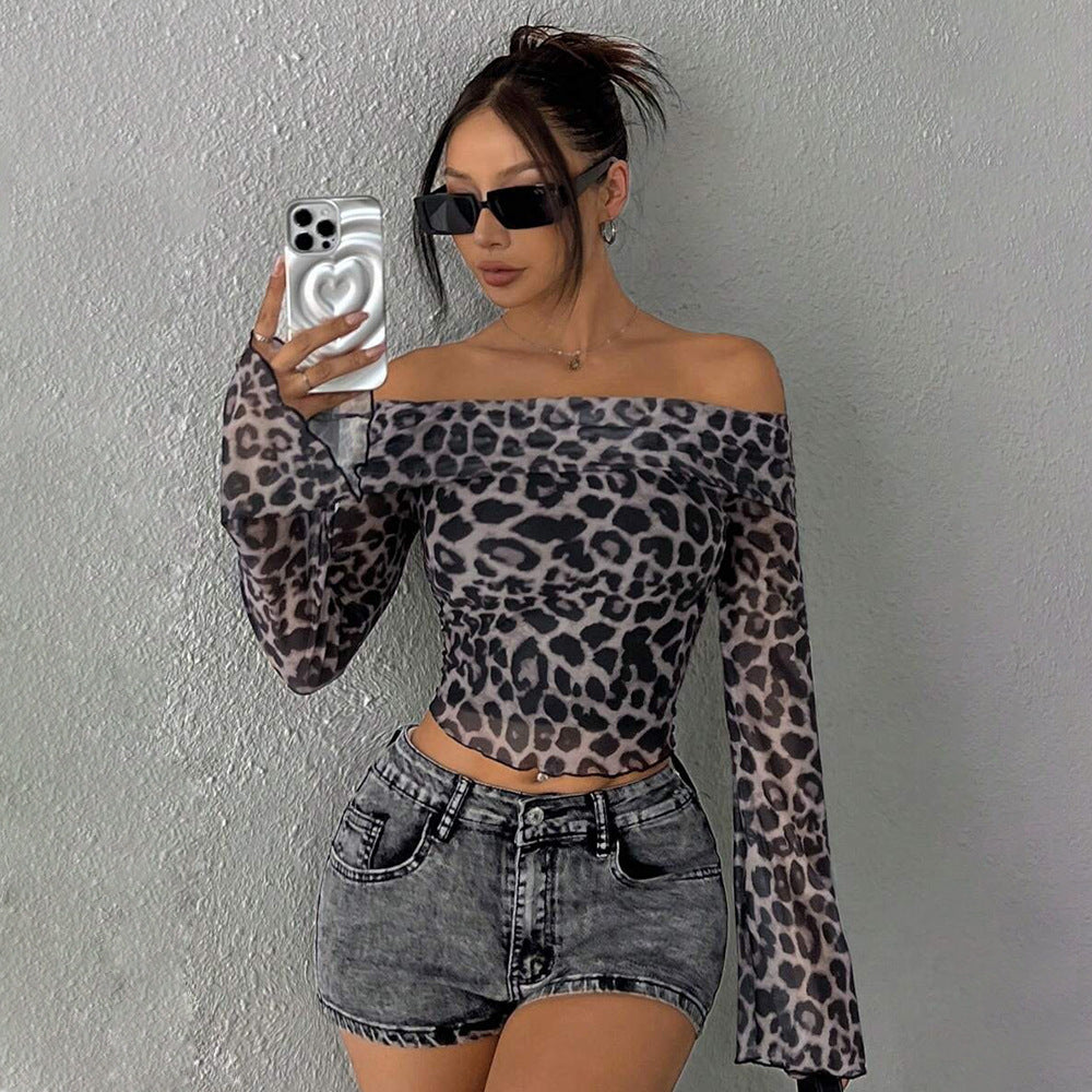 Damen Off-Shoulder Top mit geflammten Ärmeln und Leoprint Drune