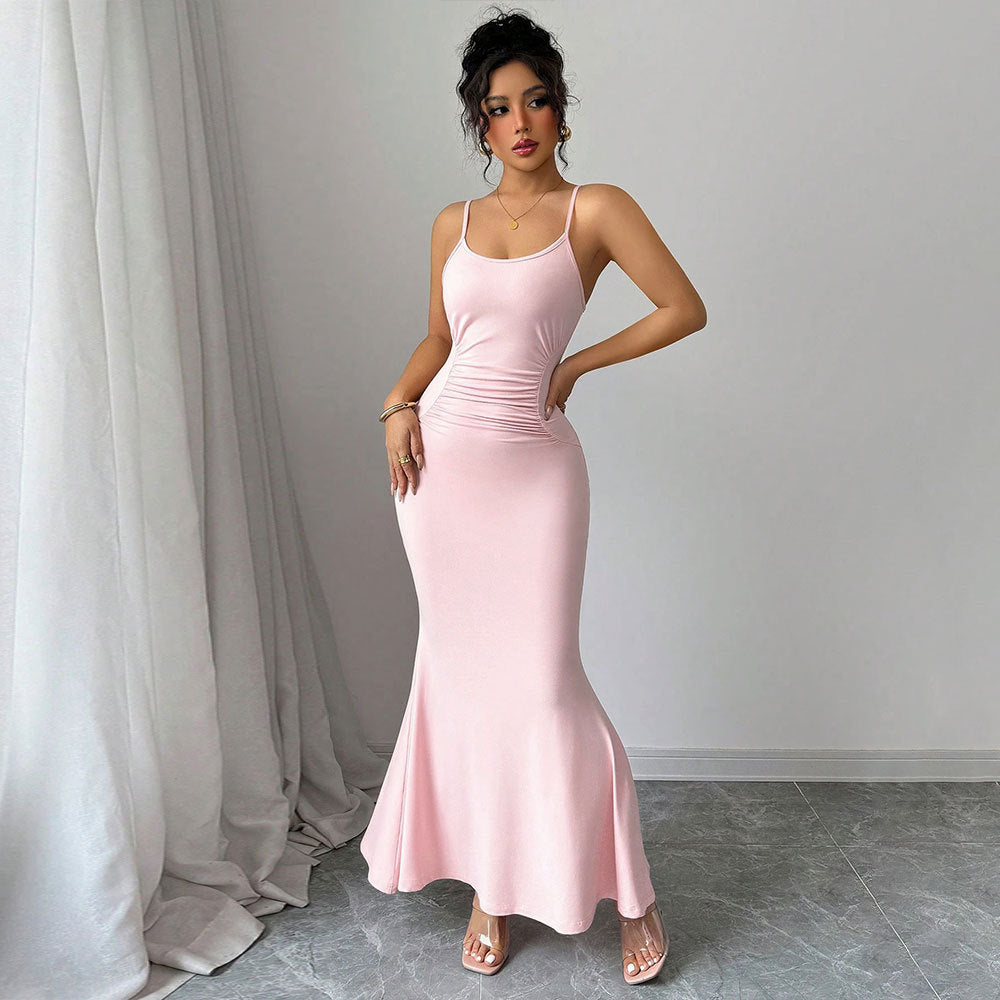 Damen figurbetontes Maxikleid mit Spaghettiträgern und raffiniertem Drapierungsdesign Drune
