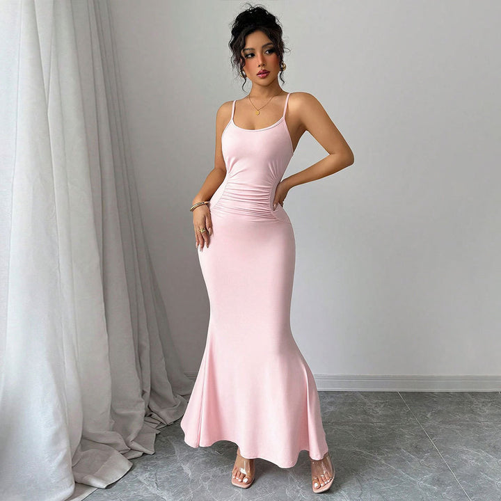 Damen figurbetontes Maxikleid mit Spaghettiträgern und raffiniertem Drapierungsdesign Drune