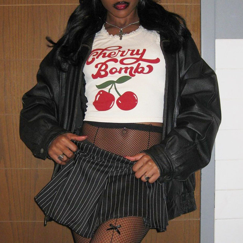 Damen lässiges Crop-Top mit charmantem Spitzenrand und fröhlichem Print Drune