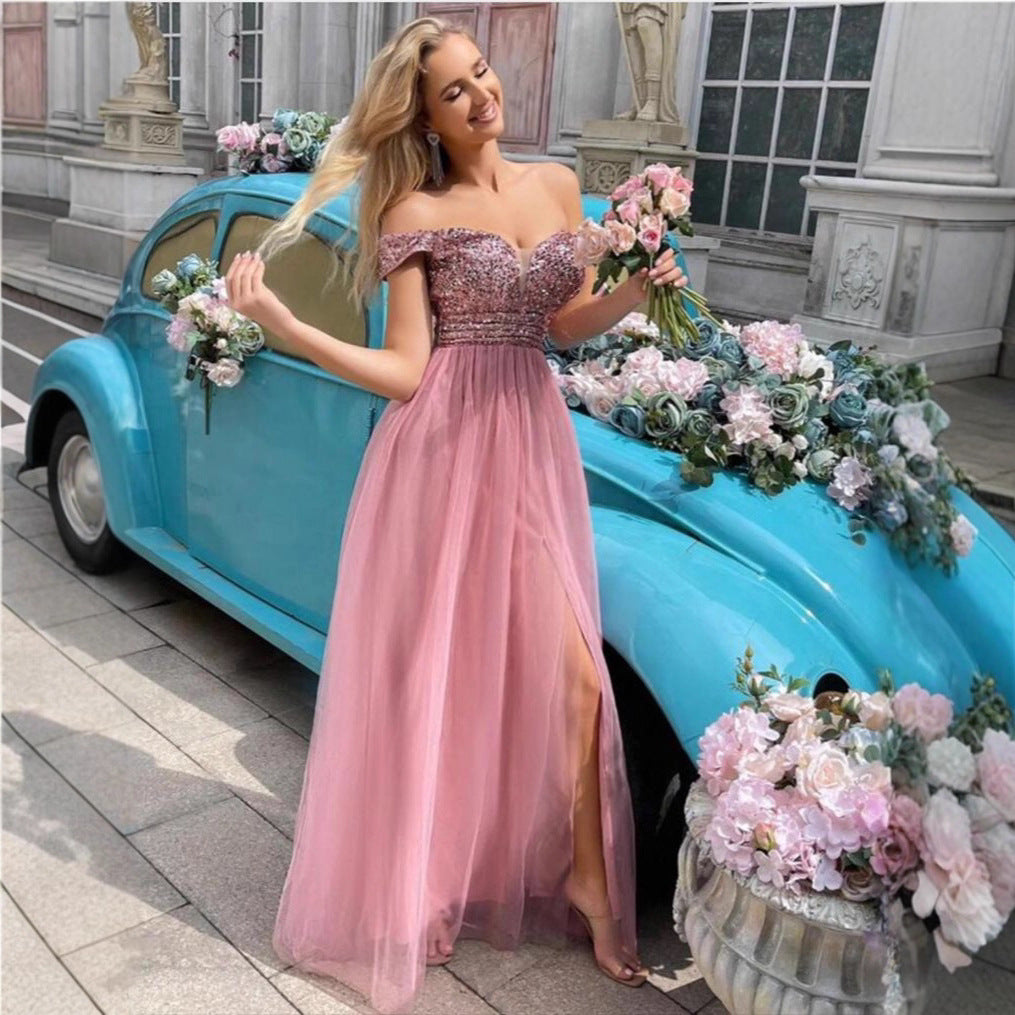 Damen Elegantes Abendkleid mit schulterfreier Optik und funkelnden Verzierungen Drune