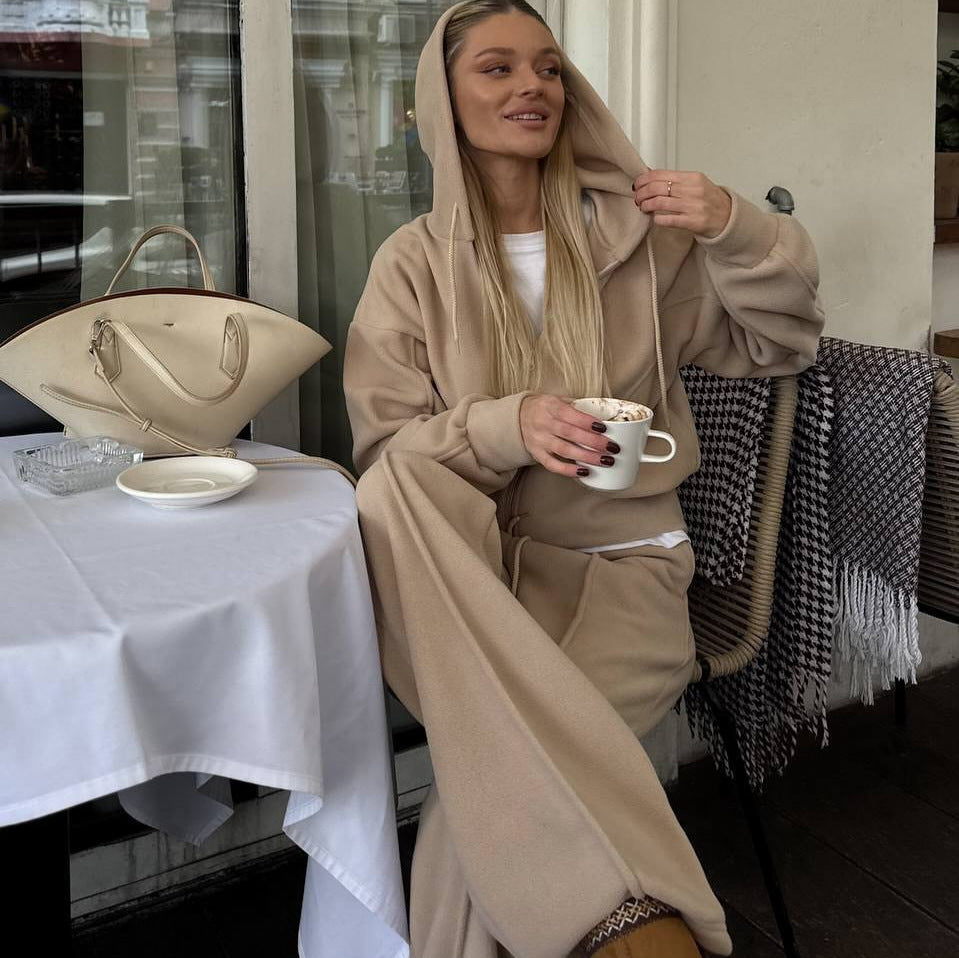 Damen Fleece Freizeitanzug mit stylischer Kapuze und elastischem Bund Drune