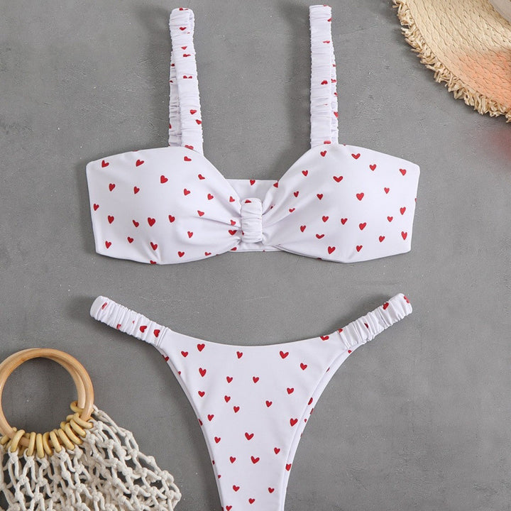 Damen Triangel-Bikini mit tropischem Druck und zarten Rüschen Drune