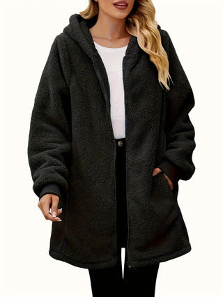 Damen Fleece-Mantel mit Taschen und Kapuze Drune