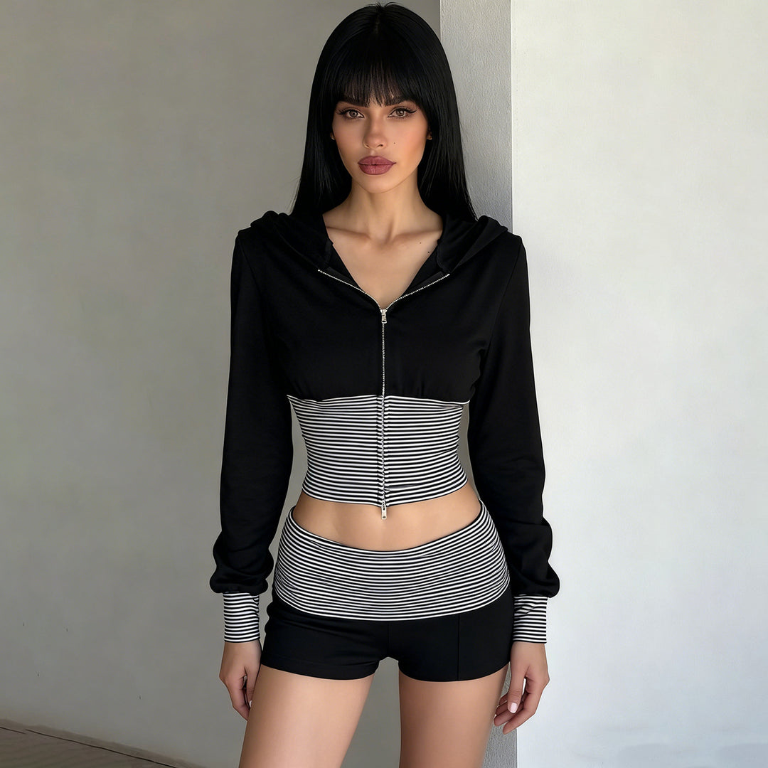 Damen nan kurz geschnittenes Lounge-Set mit Kapuzen-Cropped-Zip und gestreiften Highwaist-Shorts Drune