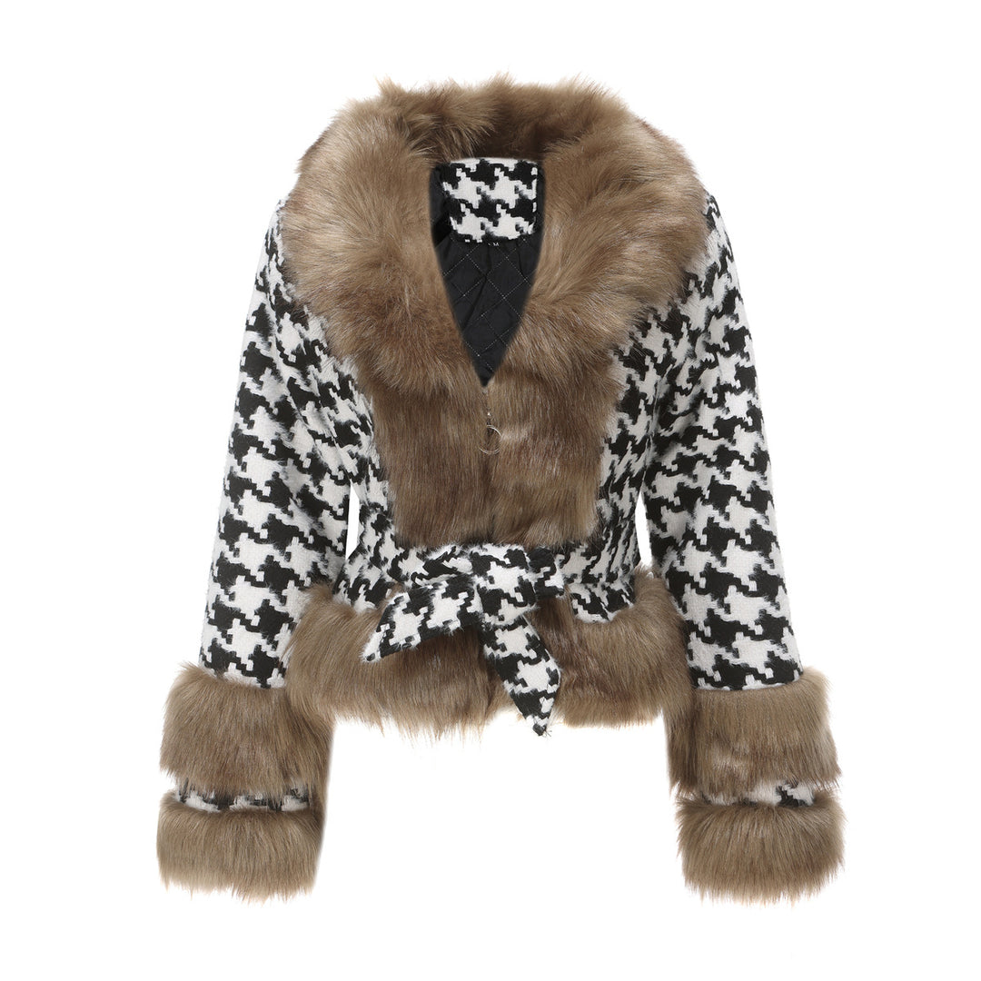 Damen Hochwertige Winterjacke mit auffälligem Hahnentritt und faux Pelzkragen Drune