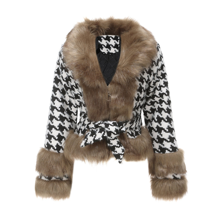 Damen Hochwertige Winterjacke mit auffälligem Hahnentritt und faux Pelzkragen Drune