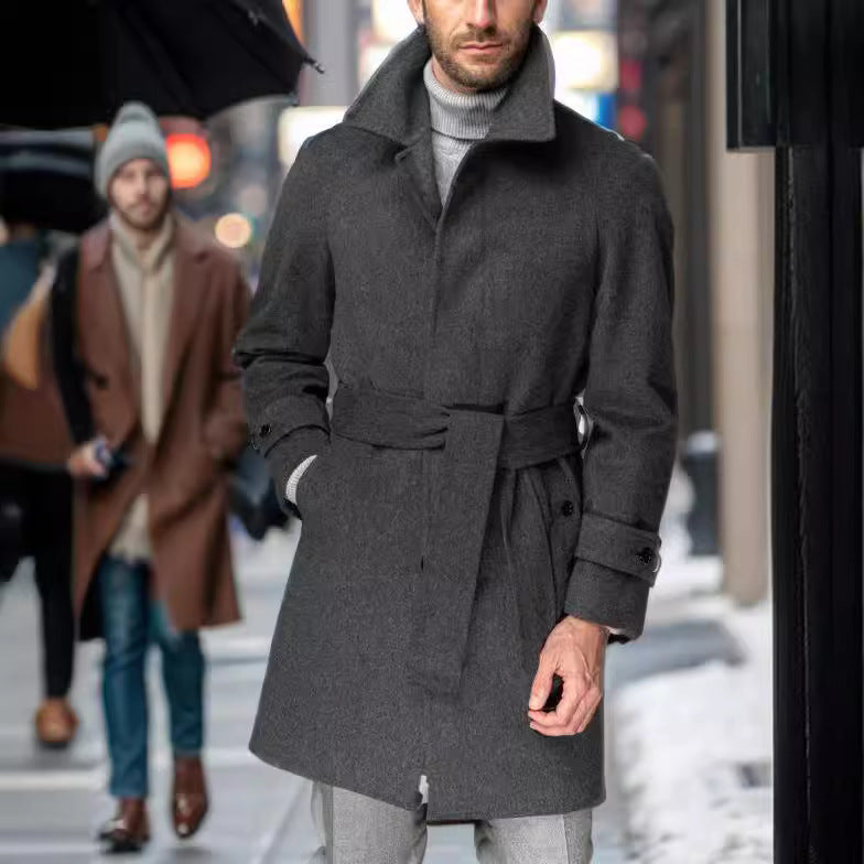 Herren modischer Wolltrenchcoat mit Bindegürtel und großen Taschen Drune