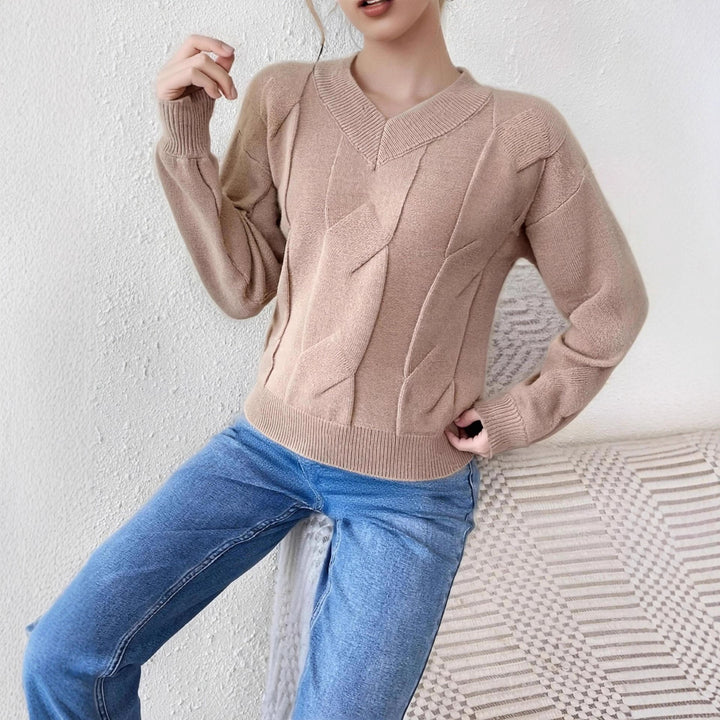 Damen Strickpullover mit modernem Zopfmuster und V-Ausschnitt Drune