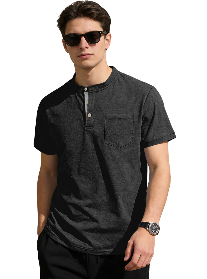 Herren nan strukturiertes Baumwoll-Henleyshirt mit kurzem Stehkragen Knopfleiste und Brusttasche Drune