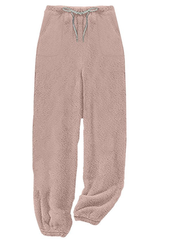 Damen nan kuschelige Sherpa-Fleece Loungehose mit Kordelzug, hoher Taille und elastischen Bündchen Drune