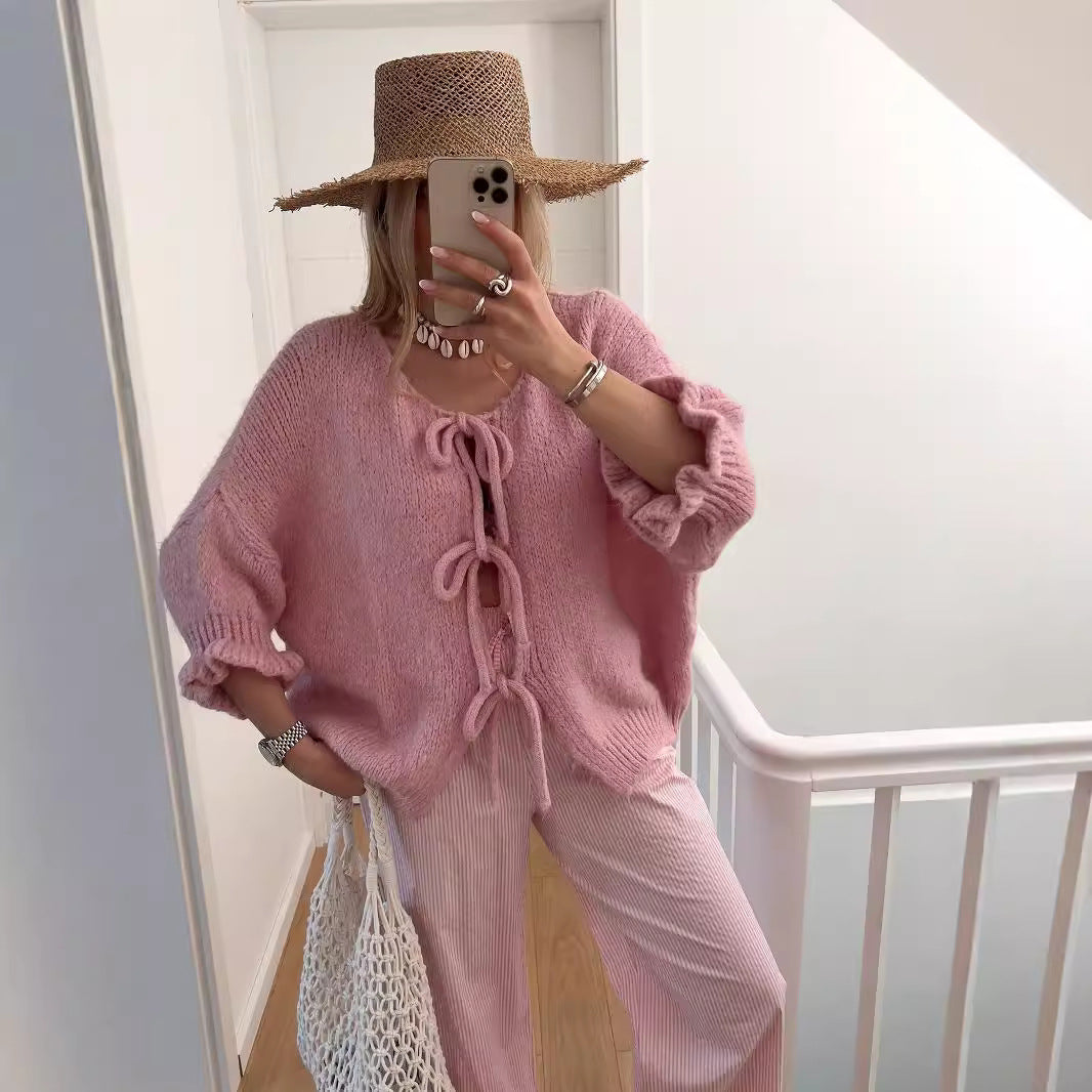 Damen lässiger Cardigan mit verspielten Schnürdetails und kurzen Ärmeln Drune