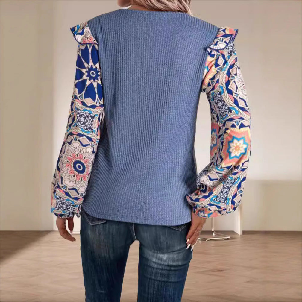 Damen modisches Oberteil mit Rüschendetails und kreativen Ärmelprints Drune