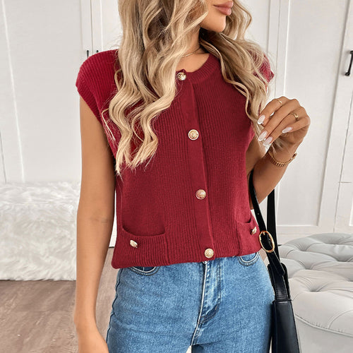 Damen gestrickte Weste mit Knopfdetails und Taschen Drune