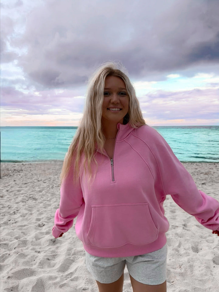 Damen Oversized Hoodie mit kurzem Reißverschluss und Kängurutasche Drune