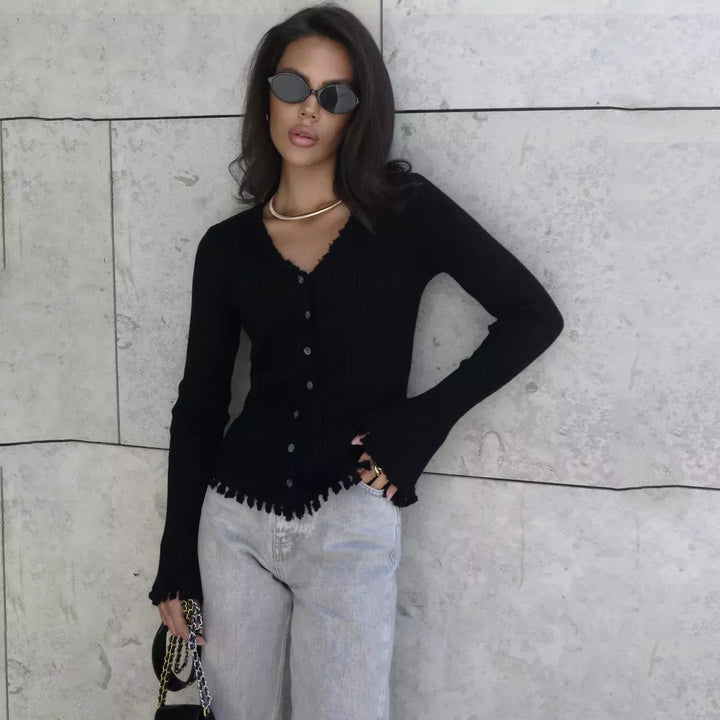 Damen lässige Strickjacke mit Knopföffnung und raffiniertem Saum Drune