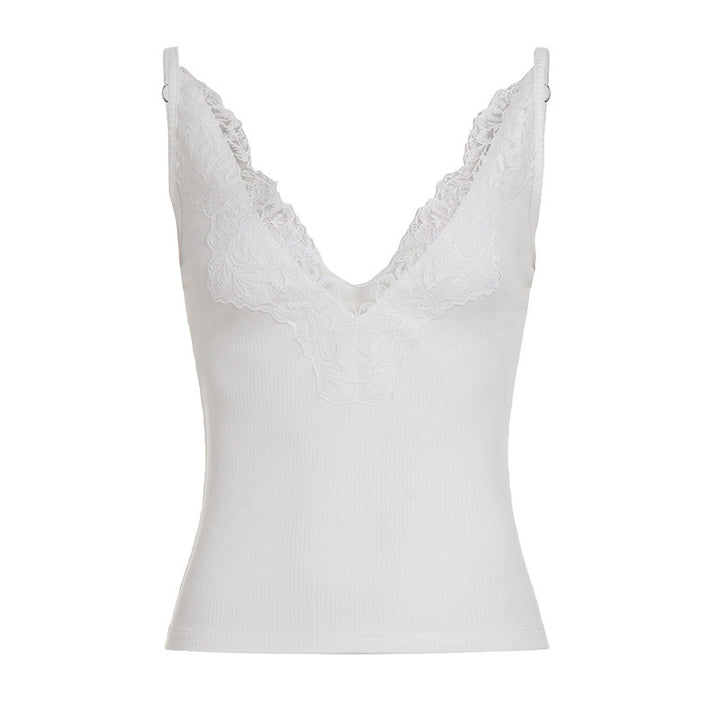 Damen Elegantes Top mit Spitzenverzierung und tiefem V-Ausschnitt Drune