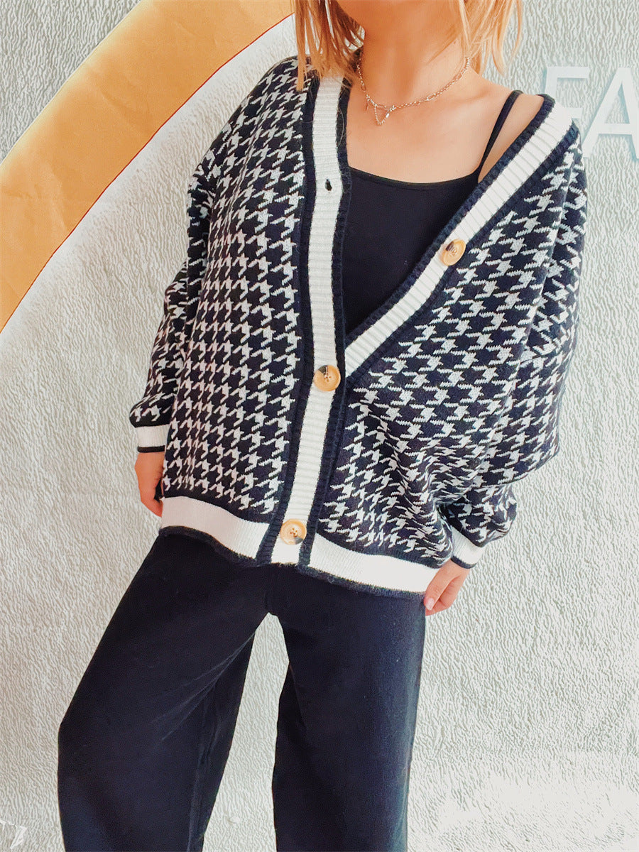 Damen oversized Strickjacke im klassischen Hahnentrittmuster Drune