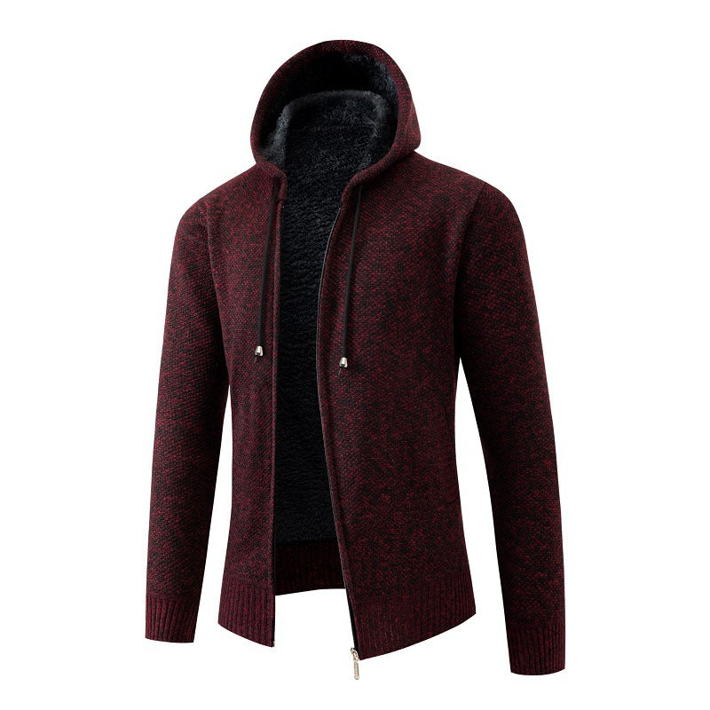 Herren nan melierte Strickzip-Kapuzenjacke mit wärmendem Teddyfutter, verdecktem Zwei-Wege-Reißverschluss und elastischen Bündchen Drune
