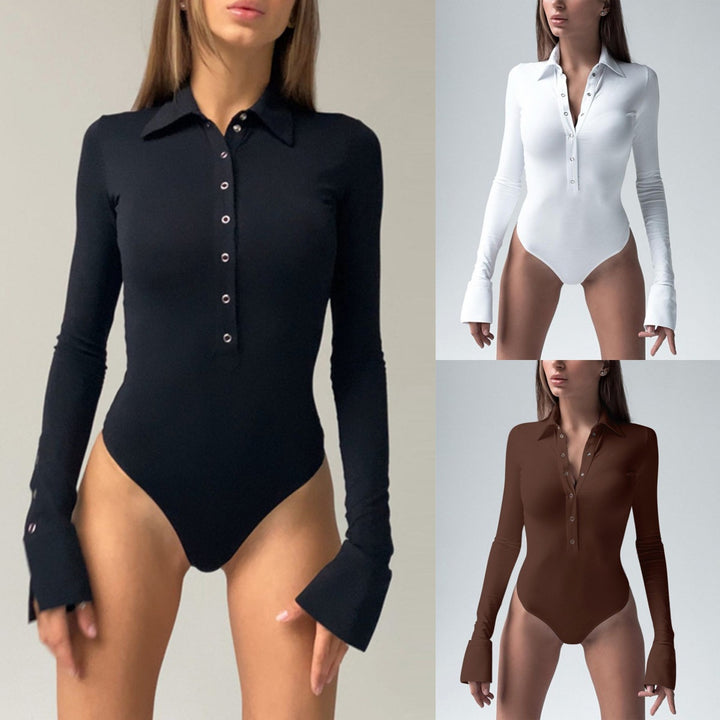 Damen eleganter Langarm-Bodysuit mit Knopfleiste und modischen Details Drune