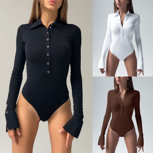 Damen eleganter Langarm-Bodysuit mit Knopfleiste und modischen Details Drune