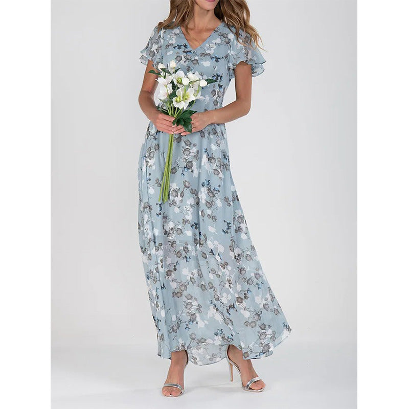 Damen Elegantes Maxikleid mit transparenten Ärmeln und floralem Muster Drune