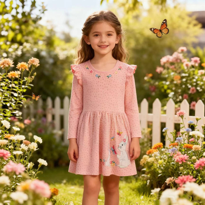 Mädchen Langarmkleid mit niedlichen Hasen- und Blumenapplikationen Drune