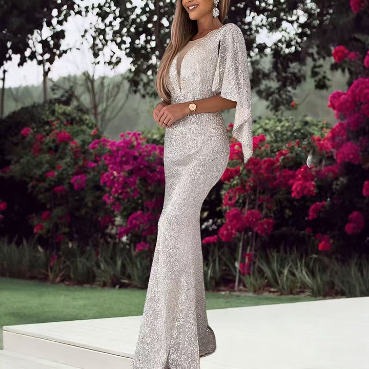 Damen Glitzerndes Abendkleid mit tiefem V-Ausschnitt und elegantem Flügelärmel Drune