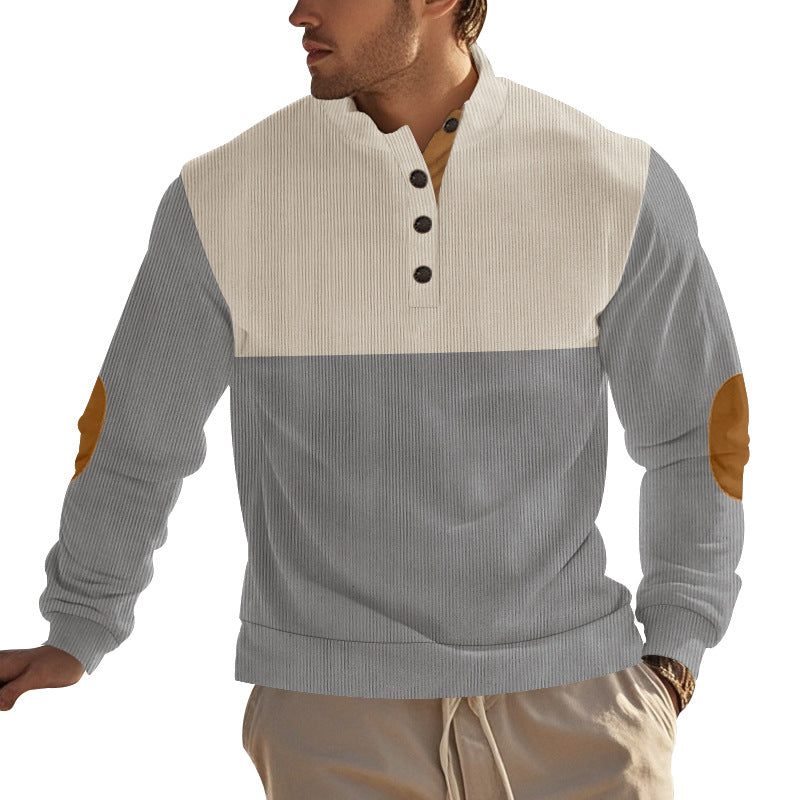 Herren nan strukturiertes Henley-Sweatshirt mit Stehkragen, Knopfleiste und Leder-Ellenbogenpatches Drune