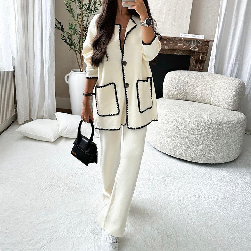 Damen elegantes Strickblazer-Set mit kontrastierenden Details Drune