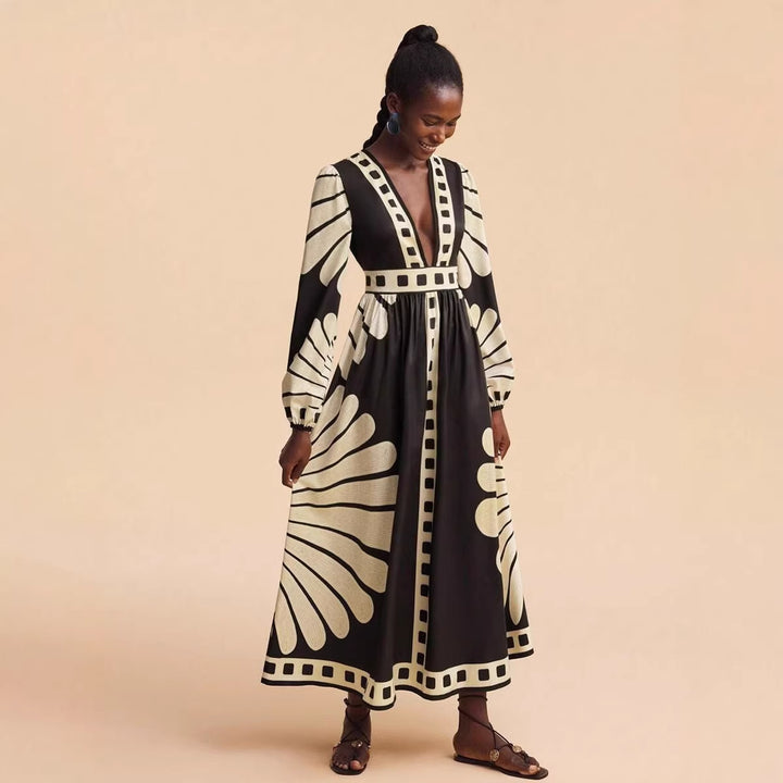 Damen Maxi-Kleid mit tiefem V-Ausschnitt und extravaganten Ärmel-Designs Drune