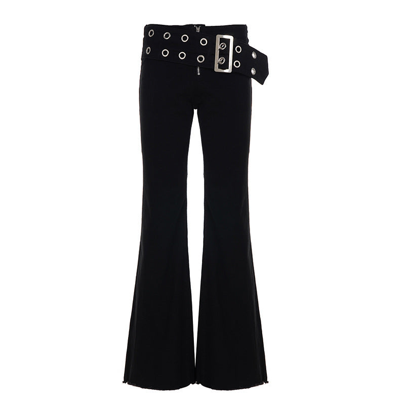 Damen Flared Jeans mit verstellbarem Gürtel und modischem Lochdesign Drune