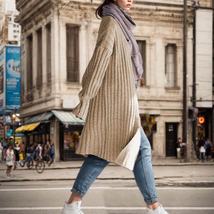 Damen Langer Strickmantel mit eleganten Rippstrukturen und weitem Schnitt Drune