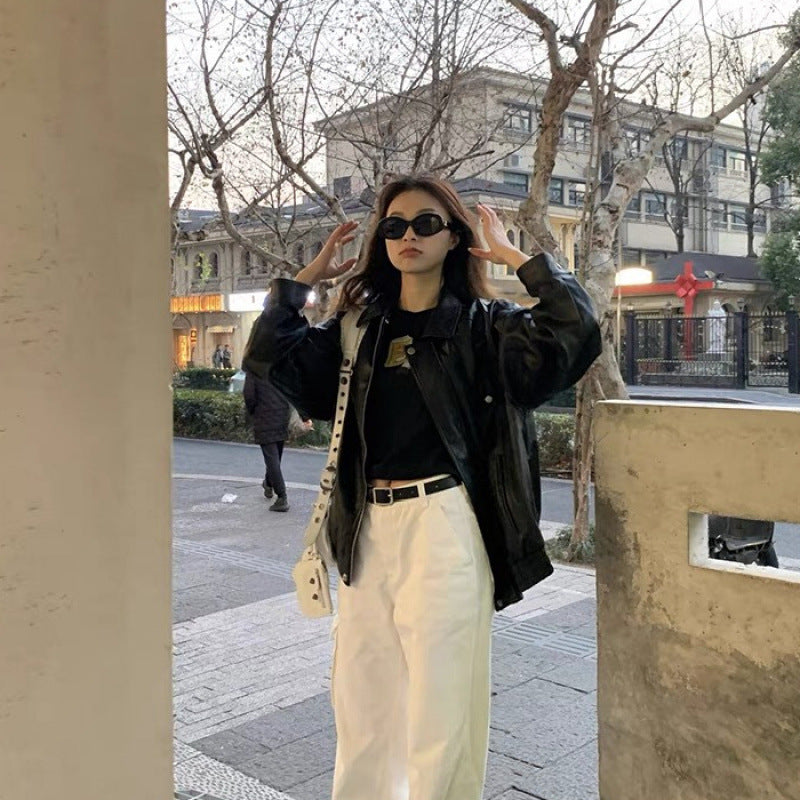 Damen Lederjacke im Oversized-Stil mit modischen Details Drune