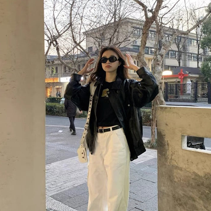 Damen Lederjacke im Oversized-Stil mit modischen Details Drune