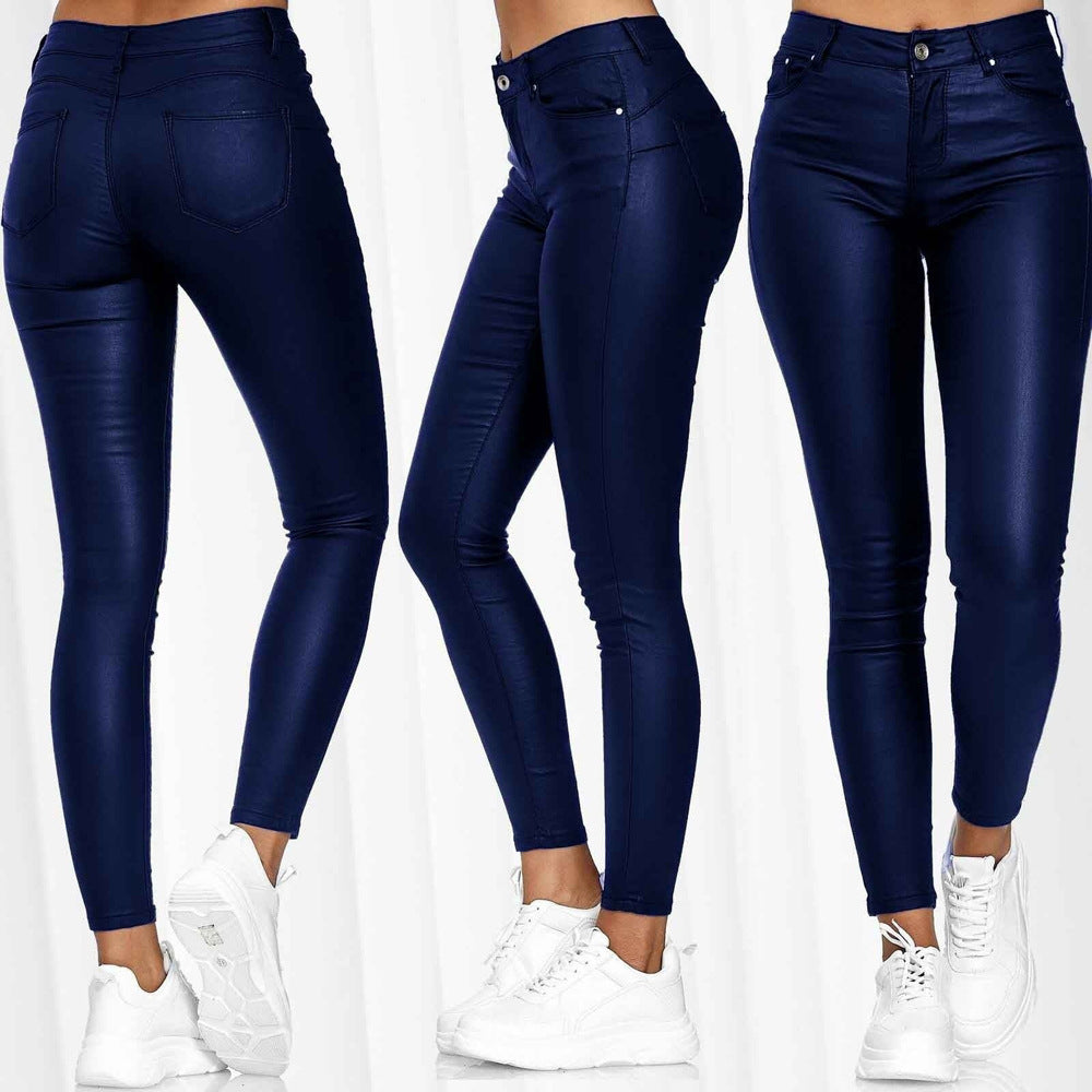 Damen figurbetonte Kunstleder-Hose mit mattem Finish und tiefem Bund Drune