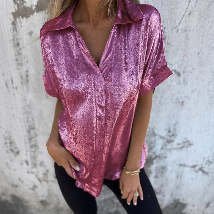 Damen Hemdbluse aus glänzender Satin-Optik mit kurzen Ärmeln Drune