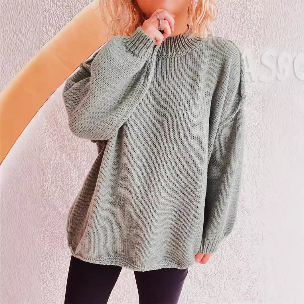 Damen lässiger Grobstrickpullover mit hohem Kragen und weitem Schnitt Drune