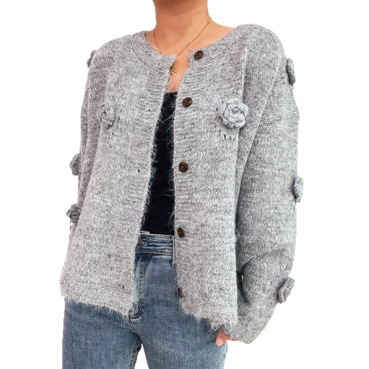 Damen Strickjacke mit floralen Applikationen und dekorativen Knöpfen Drune